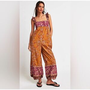 New Free People Bali Albright Boho Paisley Jumpsuit In Gold Combo M